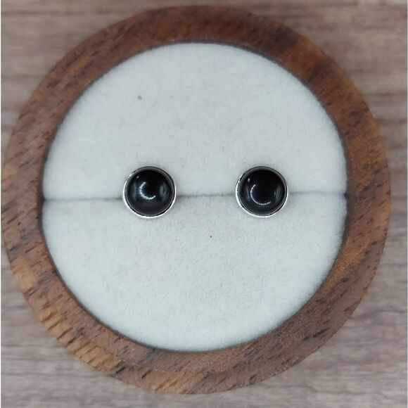 925 Sterling Silver Black Agate Stud Earrings - Picture 1 of 7